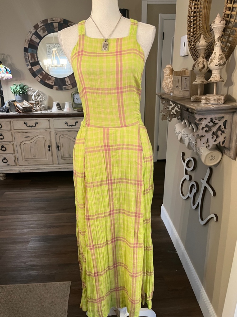Free People Lime Plaid Sleeveless Maxi Dress